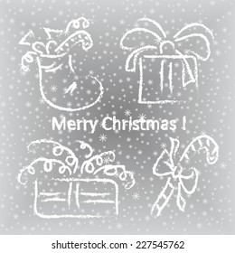 Grunge set of vector sketch Christmas gifts. Invitation card template. Merry Christmas. New year. Winter background with snowflakes.