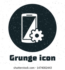 Grunge Setting on smartphone icon isolated on white background. Mobile phone and gear. Adjusting, service, setting, maintenance, repair, fixing.  Vector Illustration