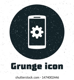 Grunge Setting on smartphone icon isolated on white background. Mobile phone and gear. Adjusting, service, setting, maintenance, repair, fixing.  Vector Illustration