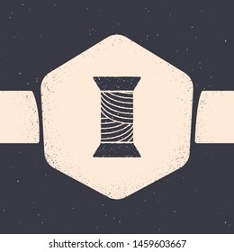 Grunge Sewing thread on spool icon isolated on grey background. Yarn spool. Thread bobbin. Monochrome vintage drawing. Vector Illustration