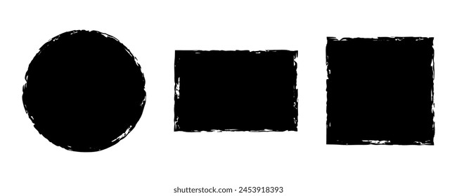 Grunge shapes for frame. Vector illustrations of circle, square and rectangle with textured edges drawn with brush.