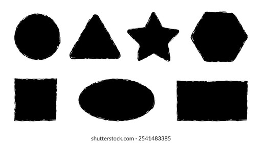 Grunge shapes with rough edges. Rectangle, square, circle and star with hand-drawn texture