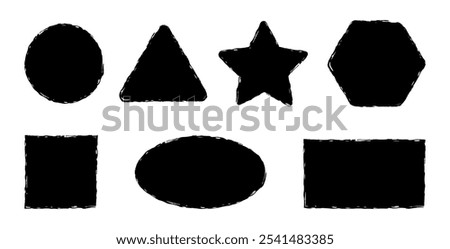 Grunge shapes with rough edges. Rectangle, square, circle and star with hand-drawn texture