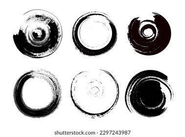 Grunge shapes, set, black isolated on white background, Drawing of circular paint brush stroke effect, grunge vector design template