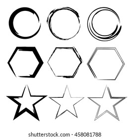 Grunge Shapes. Star, Circle, Hexagon. Set Of Hand Drawn , Vector Design Elements