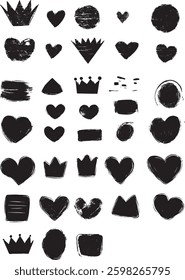 Grunge Shapes Vector: Crowns, Hearts, and Circles Isolated on White Background.