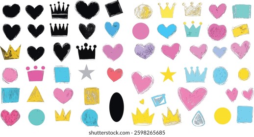 Grunge Shapes Vector Set: Hearts, Crowns, and Geometric Elements.