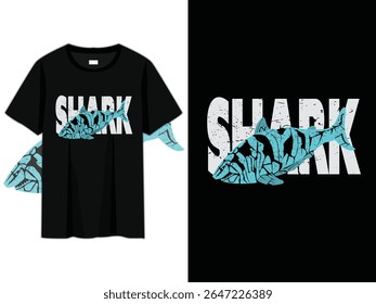 grunge shark t-shirt design with bold cracked "shark" text and abstract blue shark art. perfect for ocean, marine life, surfing, fishing, beachwear, or trendy streetwear fashion prints.