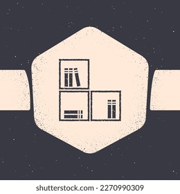 Grunge Shelf with books icon isolated on grey background. Shelves sign. Monochrome vintage drawing. Vector