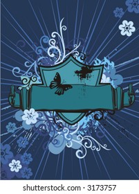 Grunge shield background with butterflies and floral elements. Check my portfolio for more of this exquisite series as well as thousands of other great vector items.