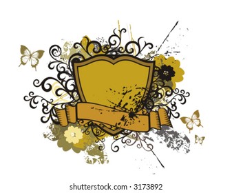 Grunge shield background with butterfly and floral elements. Check my portfolio for more of this exquisite series as well as thousands of other great vector items.