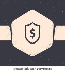 Grunge Shield with dollar symbol icon isolated on grey background. Security shield protection. Money security concept. Monochrome vintage drawing. Vector Illustration