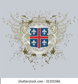 Grunge shield with fleur-de-lis and lions