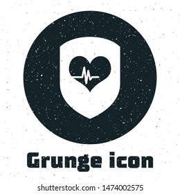 Grunge Shield and heart rate icon isolated on white background. Health protection concept. Health care.  Vector Illustration