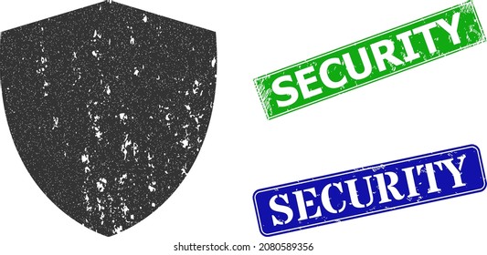 Icono de escudo de garras y sello de seguridad rayado en rectángulo. Seguridad verde vectorial y sellos de seguridad azul con textura de caucho raspado, diseñados para ilustración de escudo.