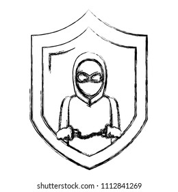 grunge shield with thief mask and criminal handcuffs