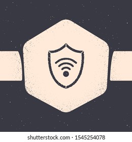 Grunge Shield with WiFi wireless internet network symbol icon isolated on grey background. Protection safety concept. Monochrome vintage drawing. Vector Illustration