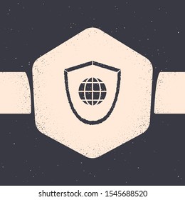 Grunge Shield with world globe icon isolated on grey background. Security, safety, protection, privacy concept. Monochrome vintage drawing. Vector Illustration