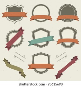 Grunge Shields, Labels And Banners/ Illustration of a collection of vintage shields and other badges with banners, labels, ribbons for holidays and celebrations