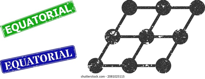 Grunge shifted grid icon and rectangle dirty Equatorial seal. Vector green Equatorial and blue Equatorial seals with grunge rubber texture, designed for shifted grid illustration.