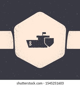 Grunge Ship with shield icon isolated on grey background. Insurance concept. Security, safety, protection, protect concept. Monochrome vintage drawing. Vector Illustration