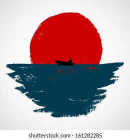 Grunge ship in the water on the sun background