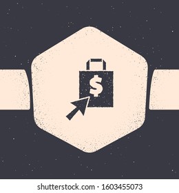 Grunge Shoping bag and dollar icon isolated on grey background. Handbag sign. Woman bag icon. Female handbag sign. Monochrome vintage drawing. Vector Illustration
