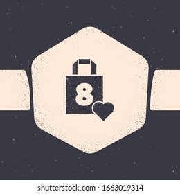 Grunge Shopping bag with heart icon isolated on grey background. 8 March. International Happy Women Day. Monochrome vintage drawing. Vector Illustration