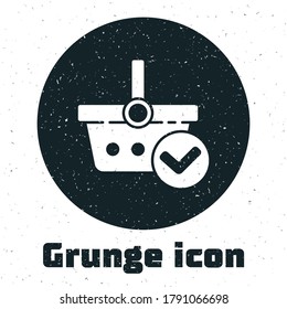 Grunge Shopping basket with check mark icon isolated on white background. Supermarket basket with approved, confirm, tick, completed. Monochrome vintage drawing. Vector Illustration