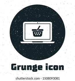 Grunge Shopping basket on screen laptop icon isolated on white background. Concept e-commerce, e-business, online business marketing.  Vector Illustration