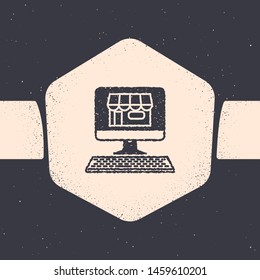 Grunge Shopping building on screen computer icon isolated on grey background. Concept e-commerce, e-business, online business marketing. Monochrome vintage drawing. Vector Illustration