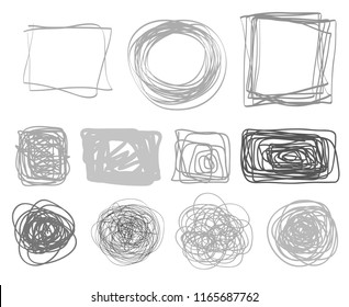 Grunge signs. Big set on white. Hand drawn simple tangled symbols. Doodles for design. Line art. Abstract circles and rectangle frames