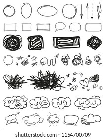 Grunge signs. Infographic elements on isolated background. Big set on white. Hand drawn simple tangled symbols. Doodles for design. Line art. Abstract circles, ovals and rectangle frames