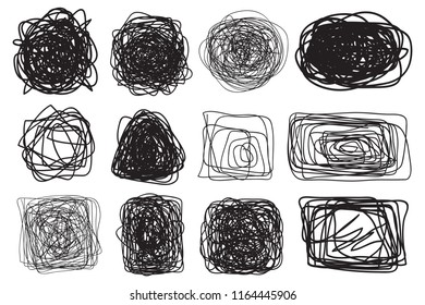 Grunge signs. Infographic elements on isolated background. Big set on white. Hand drawn simple tangled symbols. Doodles for design. Line art. Abstract circles, ovals and rectangle frames