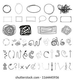 Grunge signs. Infographic elements on isolated background. Big set on white. Hand drawn simple tangled symbols. Doodles for design. Line art. Abstract arrows, circle and rectangle frames