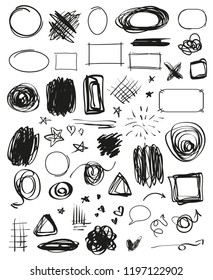 Grunge signs. Infographic elements on isolated background. Big set on white. Hand drawn simple symbols. Doodles for design. Line art. Abstract arrows, circles, squares and rectangle frames