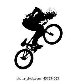 Grunge silhouette of  jumping bmx cyclist isolated on white background. 