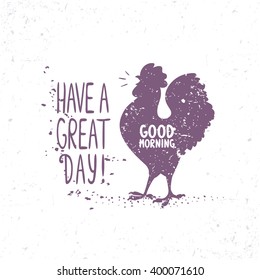 Grunge silhouette singing cockerel with sample text. Vector illustration