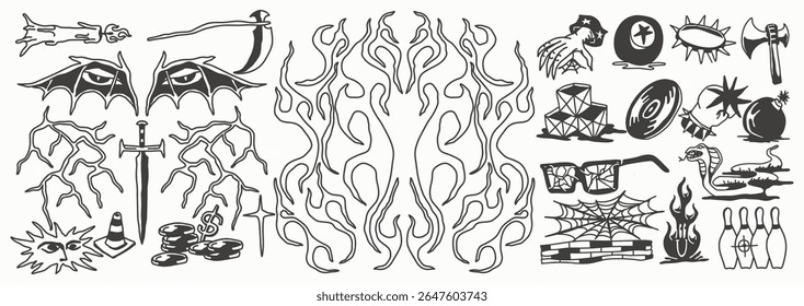 ilustração de desenho gráfico do Grunge Silhouette Vetor Pack para adesivos, roupas de rua, t-shirts, logotipos, impressão sob demanda, impressão ou branding, Grunge streetwear vetor element, estilo de tatuagem, ilustração 