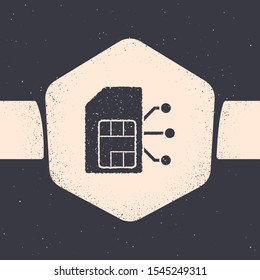 Grunge Sim card icon isolated on grey background. Mobile cellular phone sim card chip. Mobile telecommunications technology symbol. Monochrome vintage drawing. Vector Illustration