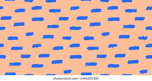 Grunge simply geometry seamless pattern. Peach color short line texture. Blue background. Abstract geometric ornament. Vector file.