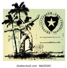grunge skate scene with shield and gradient background