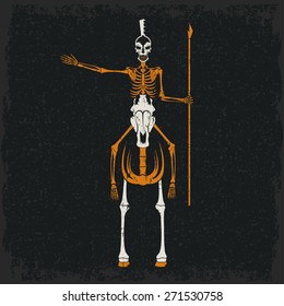 grunge skeleton in spartan helmet with spear on the horse