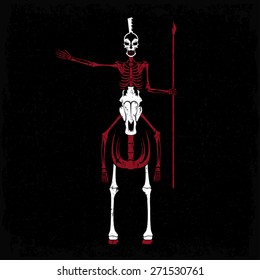 grunge skeleton in spartan helmet with spear on the horse