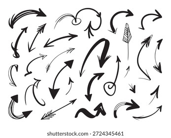 Grunge sketch Formas de flecha. Varios punteros negros curvos y rectos. Símbolos de movimiento dibujados con pinceladas.