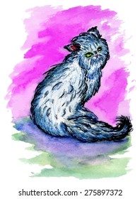 Grunge sketch of a cute Persian cat, abstract illustration.