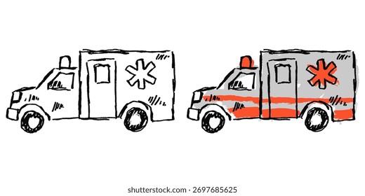 Vetor de ambulância desenhado à mão do esboço de Grunge. Ideal para resposta de emergência, resgate e temas de primeiros socorros. Este gráfico simboliza o transporte médico rápido com uma estética aflita e áspera.