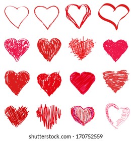 Grunge sketch hearts set