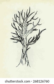 Grunge sketch of leafless tree on paper background.