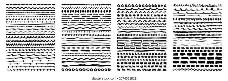 Grunge sketch lines. Drawing line, abstract dividers and ink brushes. Draw stroke, handmade black ornaments. Pencil scribble elements swanky vector kit